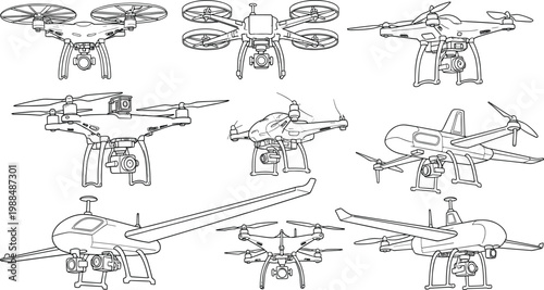 Modern aerial drone and surveillance technology icon set with quadcopter and remote control line symbols