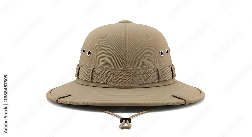 Fototapeta premium Professional studio shot of a tan pith helmet with metal eyelets and decorative band over a white background.