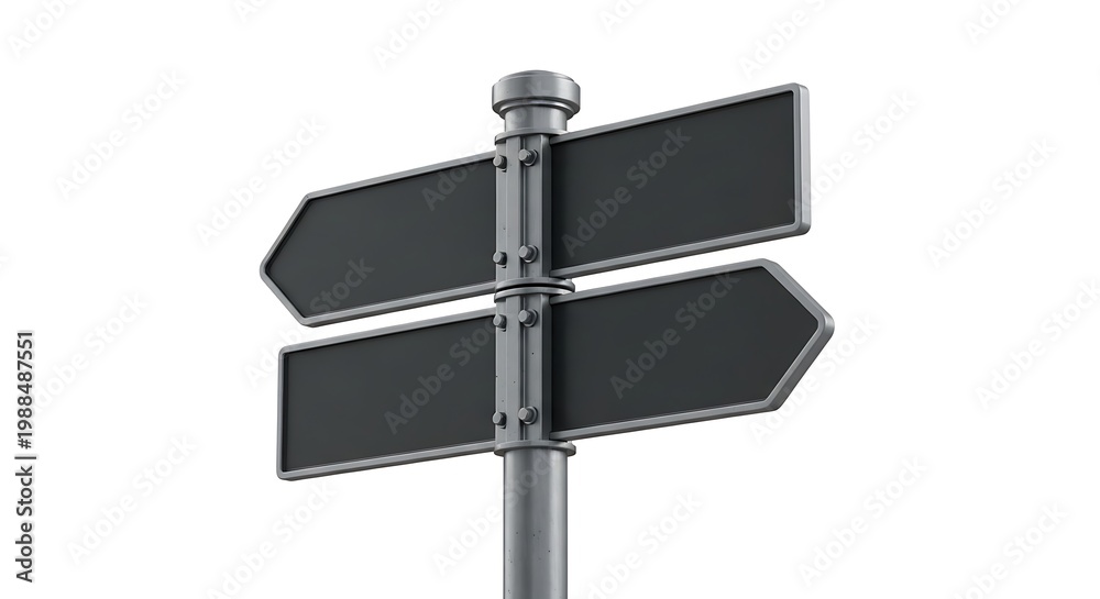 Obraz premium Modern Industrial Metal Signpost Featuring Two Opposing Directional Arrows For Decision Making And Choice White Background