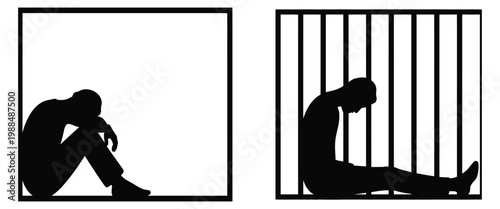 Depressed man silhouette sitting head down behind prison bars vector illustration, loneliness despair sadness mental health struggle black isolated design