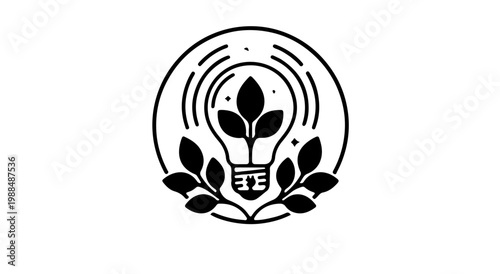 lEco-friendly energy logo design featuring a minimalist light bulb with growing leaves inside a circular frame.