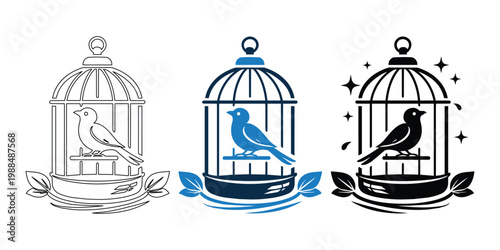 Bird in Cage Icon Set – Freedom Concept and Captivity Vector Collection