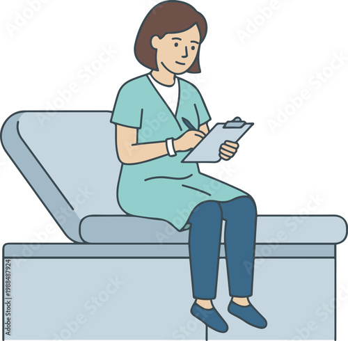 Vector illustration of a female healthcare professional sitting on an examination table and writing on a clipboard, representing medical assessment and clinical work.