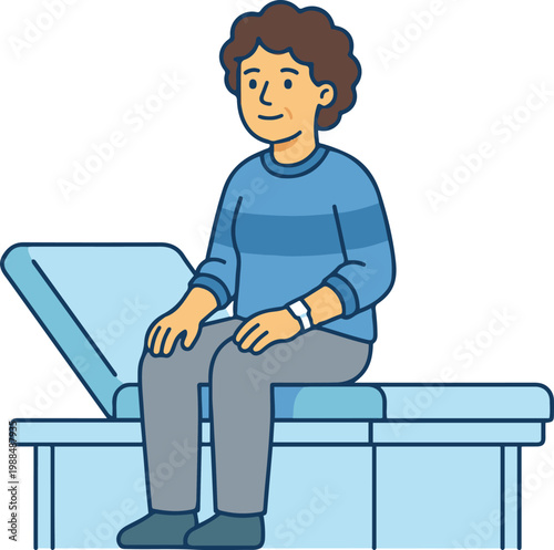 Vector illustration of a young patient sitting on a medical examination table, representing healthcare, checkup, and clinical environment.