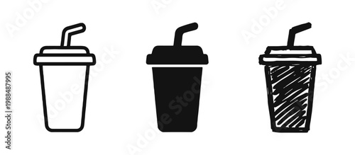 Soft Drink Cup Icon Set with Straw, Fast Food Beverage Symbol in Outline, Silhouette and Hand Drawn Style