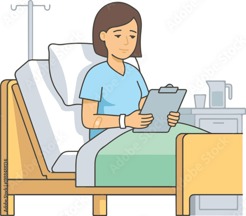 Vector illustration of a female patient sitting in a hospital bed holding a clipboard, representing medical care, monitoring, and recovery.