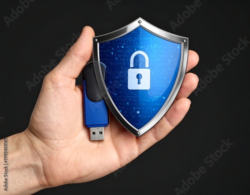 Hand holding a flash drive next to a shield with a padlock, implying data protection on a black background