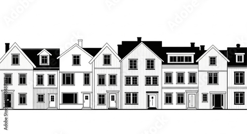 Row of identical houses in black and white silhouette.