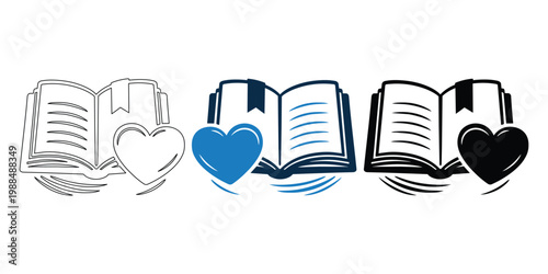Open Book with Heart Icon Set – Education, Love for Reading Vector Collection