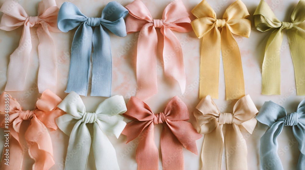 Naklejka premium Flat lay of pastel ribbons tied into bows, arranged neatly on soft background