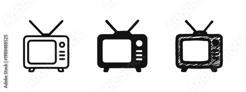 Retro Television Icon Set with Antenna, Vintage TV Set Symbol in Outline, Silhouette and Hand Drawn Style