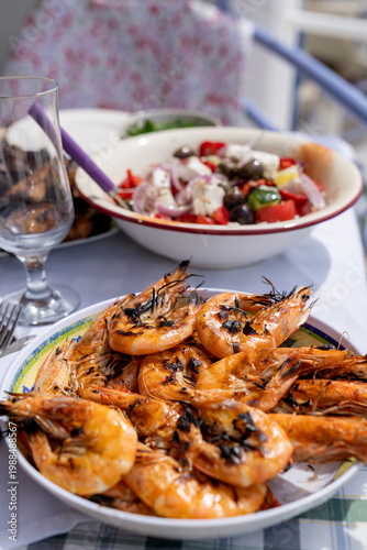 Close up of grilled tiger prawns for Greek Easter lunch