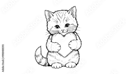 Hand drawn kitten holding heart vector black white cute romantic illustration