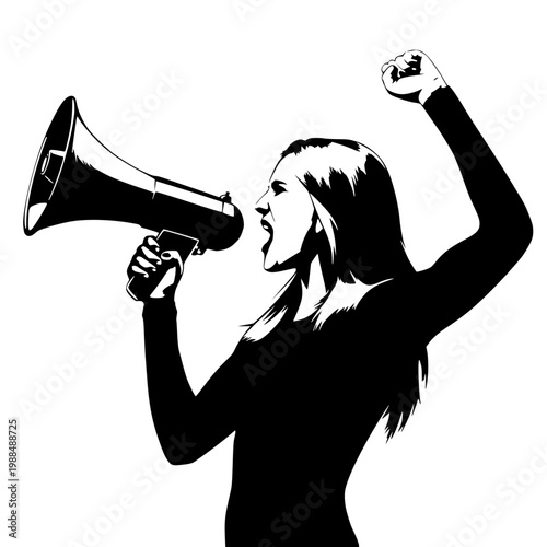 Woman speaking through a megaphone with one hand raised in a powerful gesture