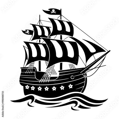 Black and white vector illustration of a pirate ship with a skull flag sailing on the ocean waves, a classic symbol of piracy and adventure on the high seas.