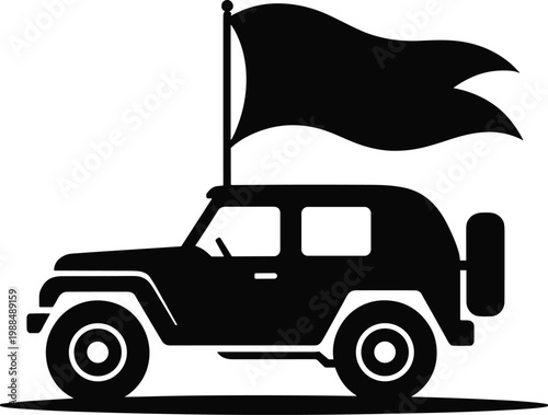 Jeep with flag driving off road illustration adventure expedition transport illustration