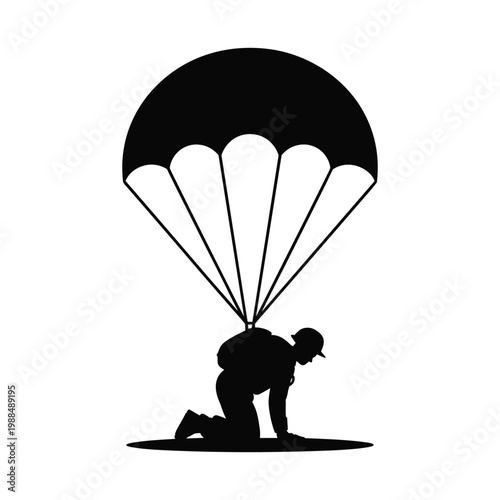 Paratrooper landing silhouette icon with paratrooper parachute silhouette military