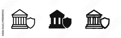 Bank Protection Icon Set, Secure Financial Building Symbol in Outline, Solid and Sketchy Styles