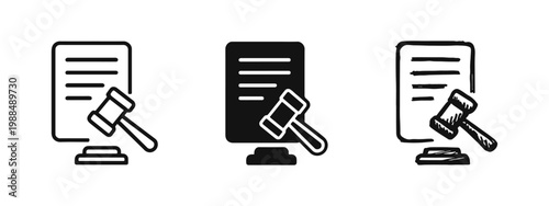 Photography Legal Law Icon Set, Judge Gavel and Document Symbol in Outline, Solid and Sketch