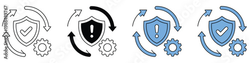 Crisis management icon set, multiple style collection, emergency response and risk control symbols, disaster management icons, business continuity concept, modern flat, line, and glyph vector illustra
