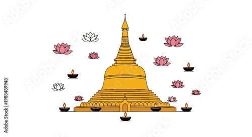Golden Buddhist Stupa with Lotus Flowers and Candles
