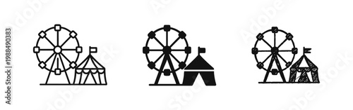 Amusement Park Icon Set, Ferris Wheel and Circus Tent Symbol in Outline, Solid and Sketchy Styles