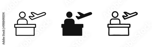 Airport Check-in Icon Set - Counter Desk with Staff and Plane Takeoff Vector Illustration