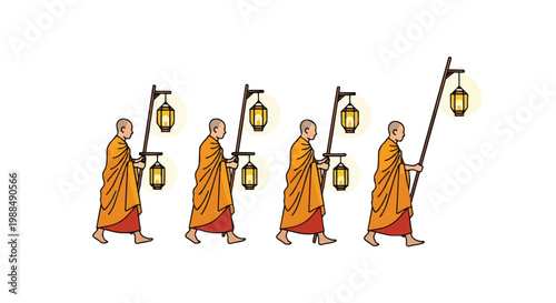 Buddhist Monks with Lanterns Vesak Day Illustration