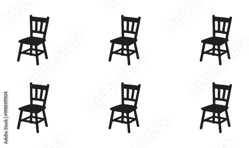 Six isolated chairs in silhouette on a white background, empty seats for sitting.