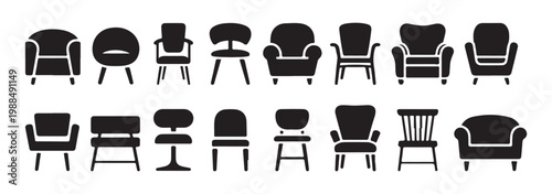 Diverse set of chair illustrations, featuring various styles for interior and furniture design.
