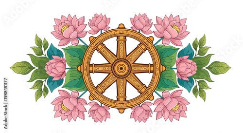 Dharma Wheel with Lotus Flowers Vector Illustration