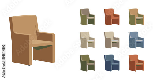 Modern armchair design collection with multiple color variations for interior visualization and furniture catalog set.