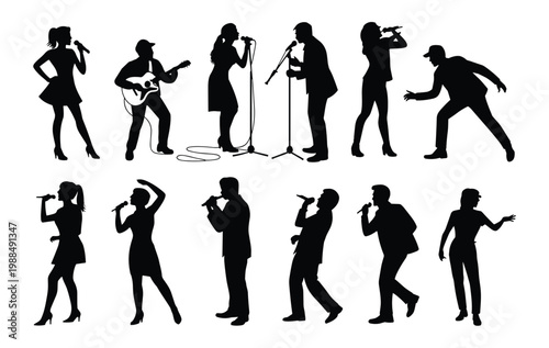 Black silhouettes of male and female singers and a guitarist performing on stage with microphones and musical instruments isolated on a white background