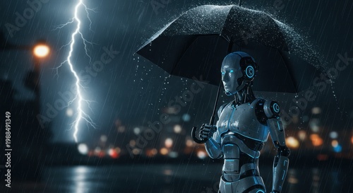 Advanced humanoid machine holding an open umbrella during a severe thunderstorm in an urban setting