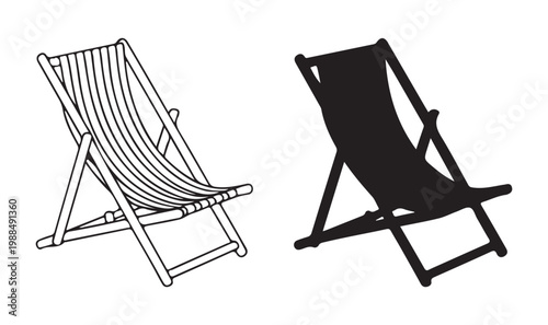 Beach deck chair silhouette and outline vector icons isolated on white background for summer vacation travel design.