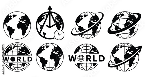 Set of eight black and white globe featuring maps with orbital rings arrows and clock symbols for global communication and geography concepts