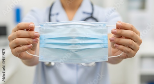 A healthcare professional carefully displays a disposable surgical face mask emphasizing protection against airborne viruses and bacteria in a medical setting