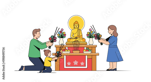 Family Offering Flowers to Buddha on Vesak Day