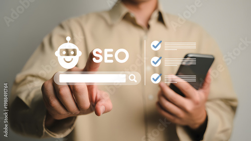 A man using a smartphone with an SEO search bar and robot icon on transparent background