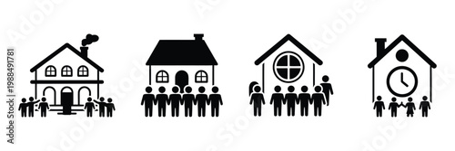 Family generations illustration houses silhouettes black and white minimalist vector design, heritage legacy concept simple clean composition