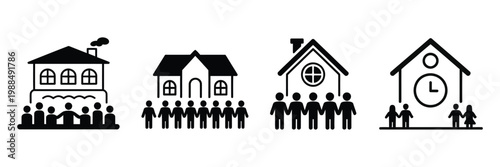 Family generations illustration houses silhouettes black and white minimalist vector design, heritage legacy concept simple clean composition