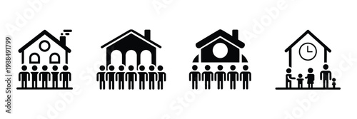 Family generations illustration houses silhouettes black and white minimalist vector design, heritage legacy concept simple clean composition
