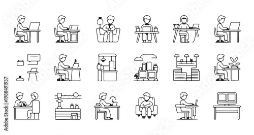 Collection of diverse icons representing people working at desks with computers.