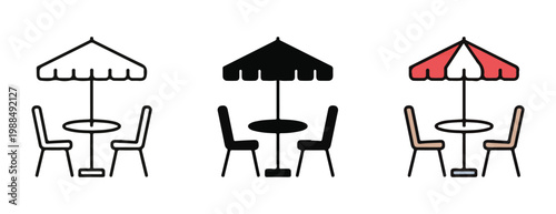 Outdoor cafe table and chairs with umbrella simple line art and silhouette icons collection.