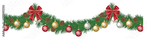 Christmas garland border with green pine branches red bows golden and silver baubles and brown pinecones isolated on a white background