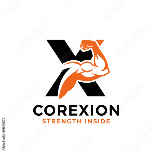 Logo with flexed arm and letter.