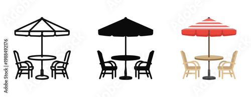 Outdoor cafe table and chairs with umbrella wicker style and silhouette icons illustration.