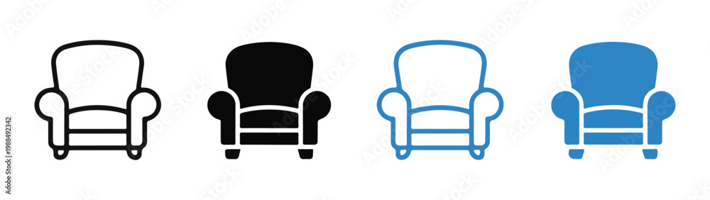 Fototapeta premium Armchair icon set outline solid black and blue modern furniture illustration.