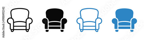 Armchair icon set outline solid black and blue modern furniture illustration.