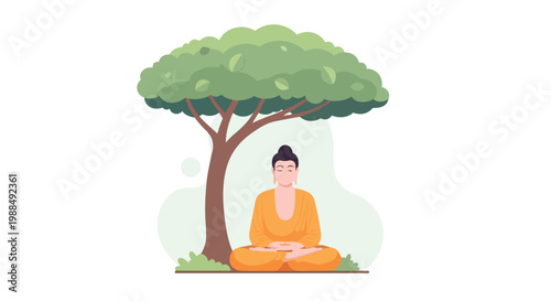 Meditating Buddha Under Tree Flat Vector Illustration
